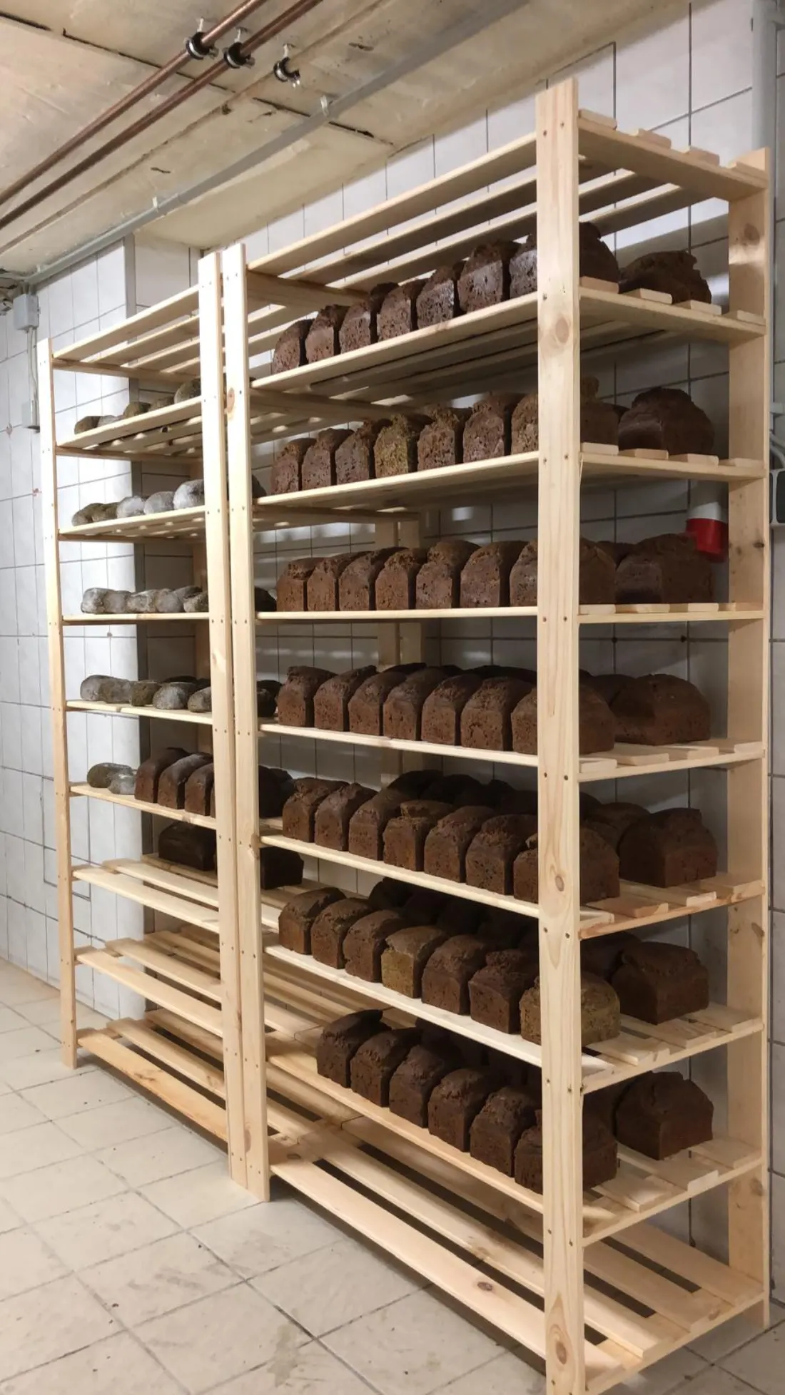 Frisch gebackene IQ Brote auf Holzregalen in der eigenen Produktion
