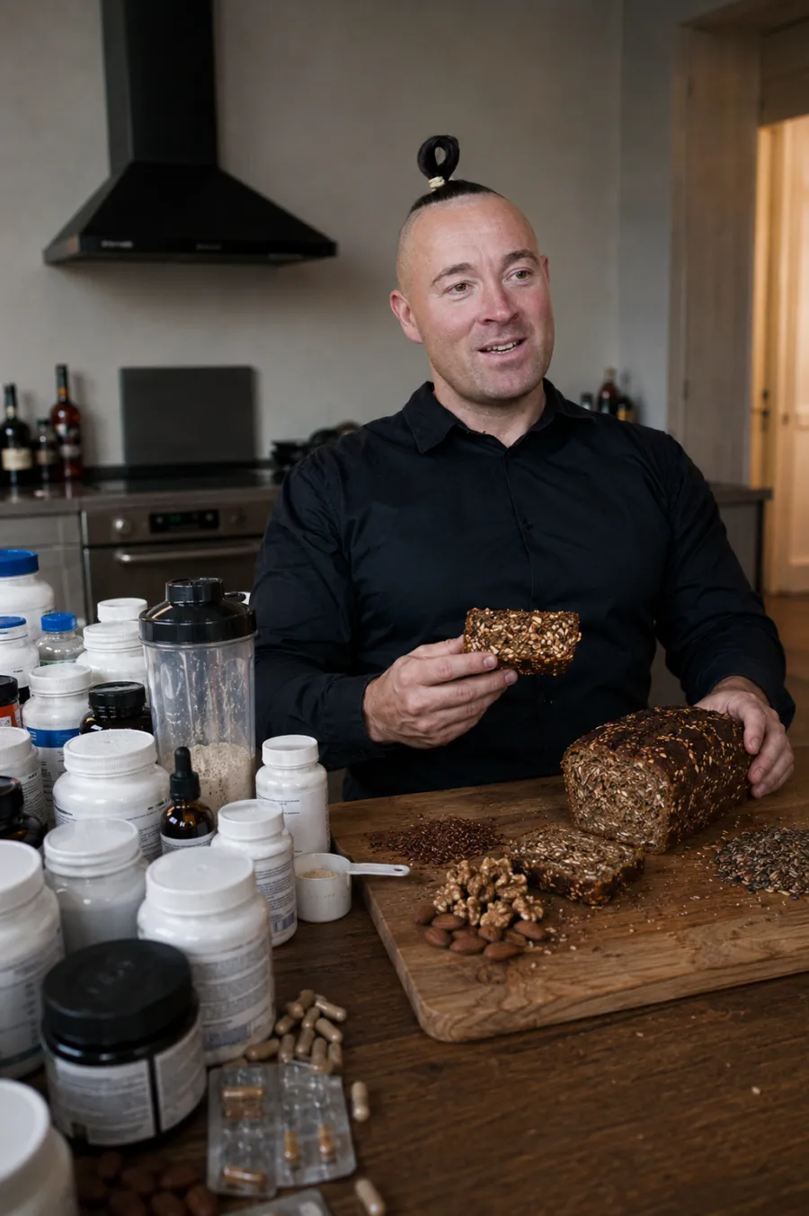 Gründer Stephan Tuchscherer mit einem IQ Brot an einem Tisch voller Supplement-Dosen, Kapseln und Pulver
